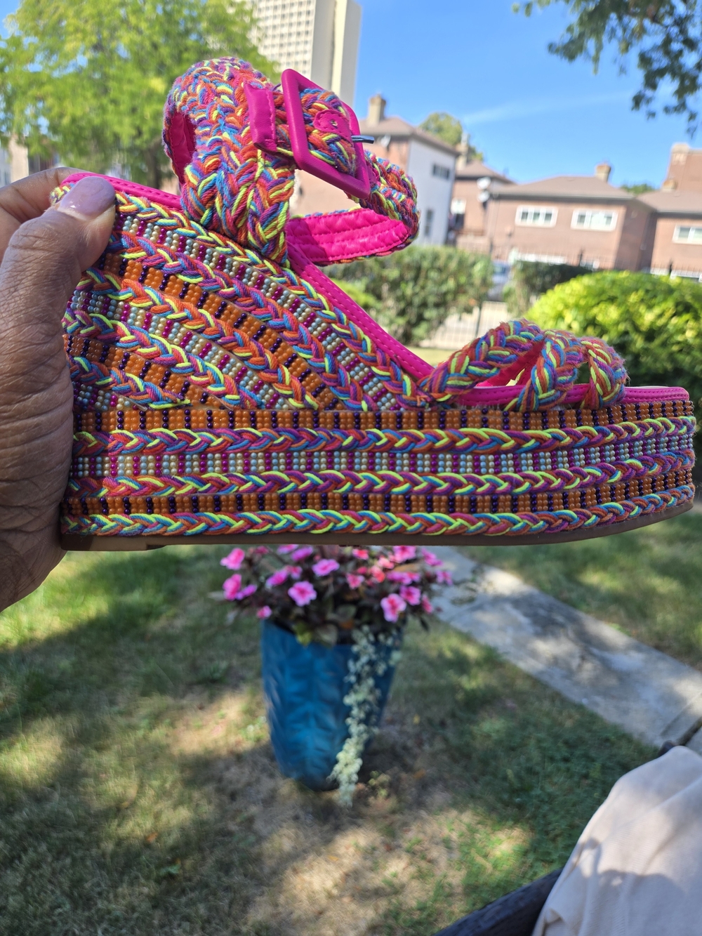 Gianni Bini Multicolor Braided Platform Wedge Sandals - Hot Pink Trim Wedges - Picture 5 of 8